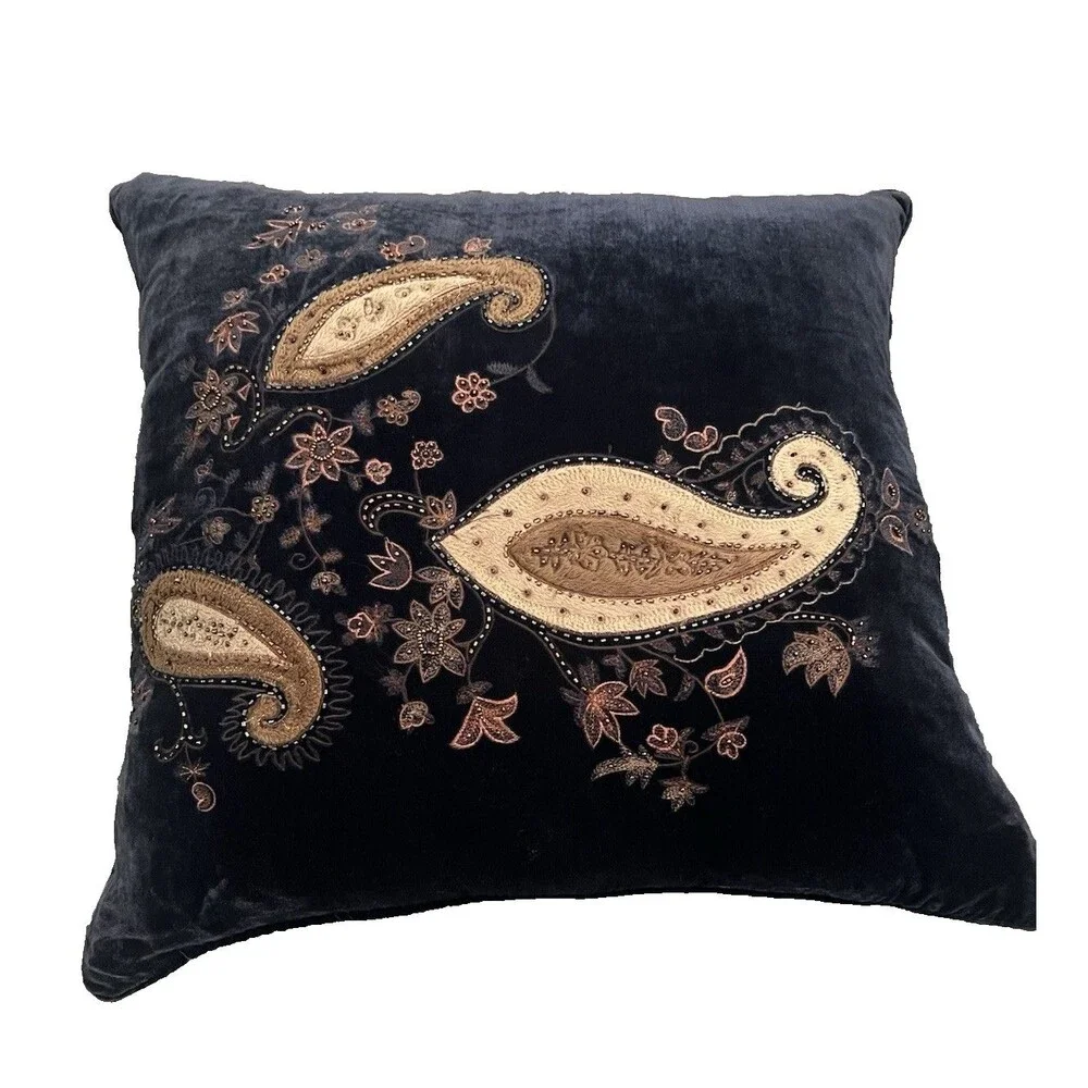 Rodeo Home Luxury Velvet Throw Pillow Feather Down Filled Blue Paisley 22 x 22in